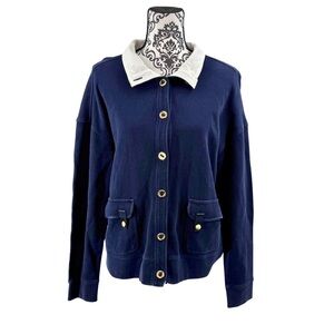 Lauren Ralph Lauren Vintage Cardigan Jacket Navy White Collar Gold Logo Buttons